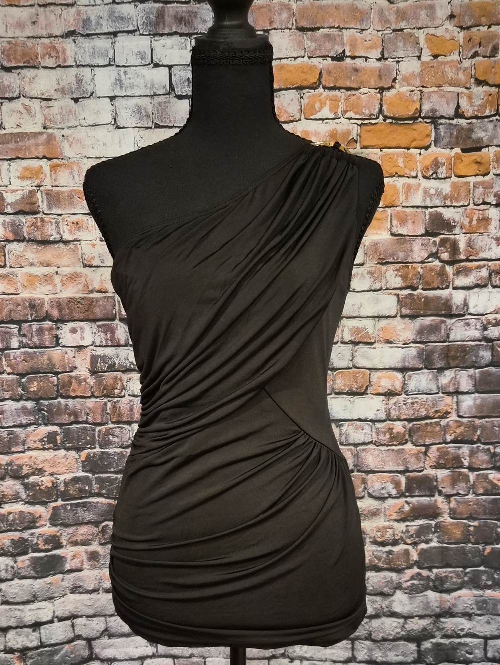 XOXO Black One-Shoulder Top with Gold Accent Strap